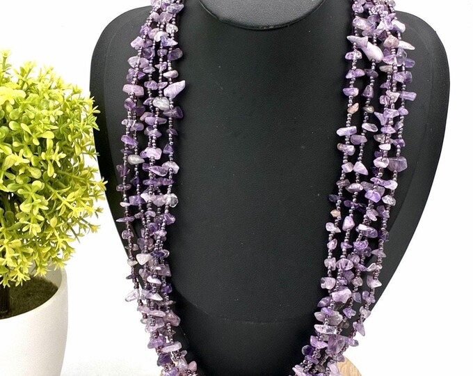 South Sun Genuine Amethyst Stone Multi Strand Necklace Purple NOS 20”