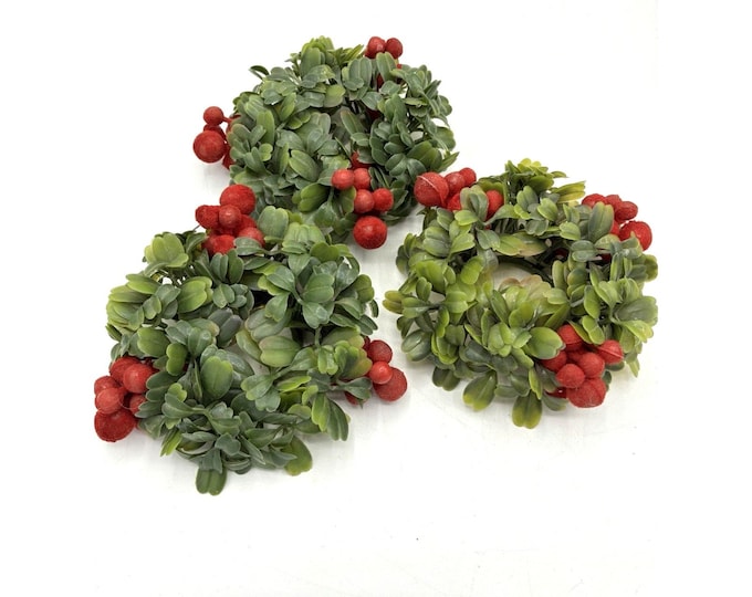 Set of 3 Christmas Candle Rings Boxwood Greenery Red Berry Holiday 4 Inch