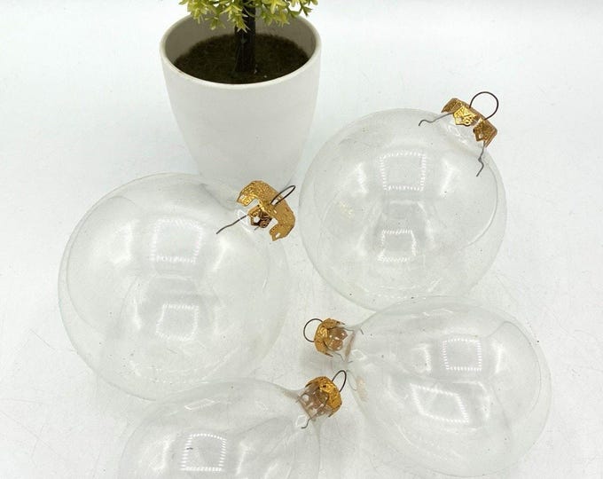 Vintage Clear Glass Christmas Ornaments Set 4 Gold Caps Round Teardrop