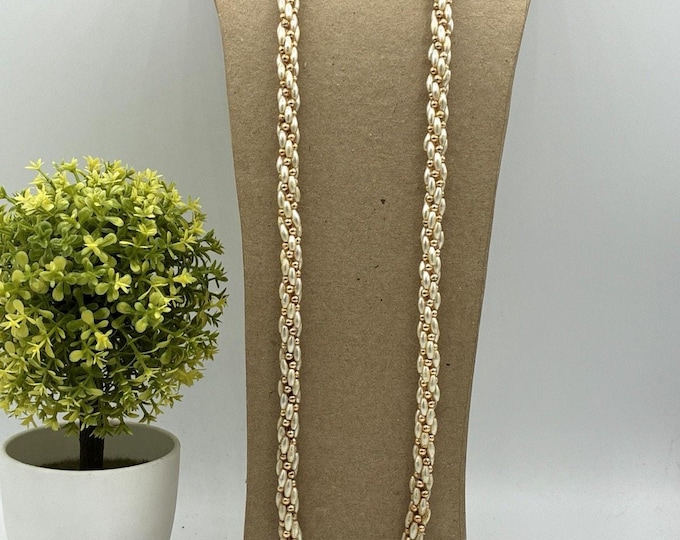 Vintage Faux Pearl Rice Bead Rope Necklace Gold Tone Filigree Bead 30”