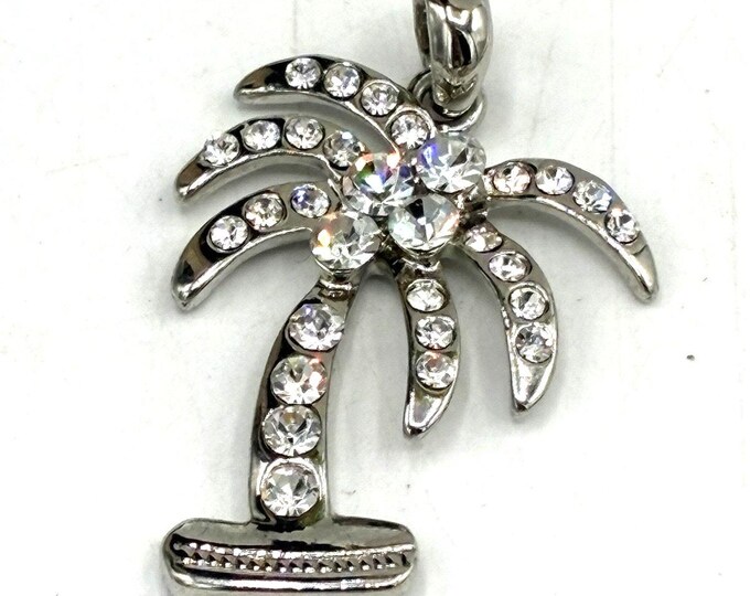 Crystal Rhinestone Palm Tree Pendant Silver Tone Tropical Beach Jewelry