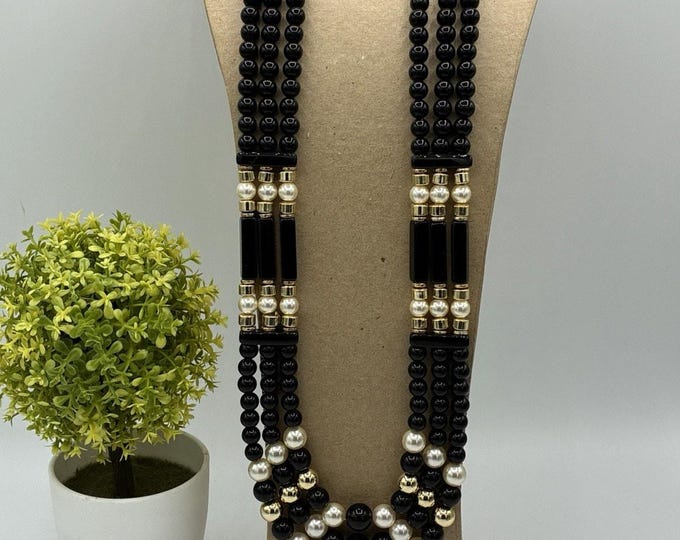 Vintage Black Faux Pearl Necklace 3 Strand Gold Tone Statement Approx 32”