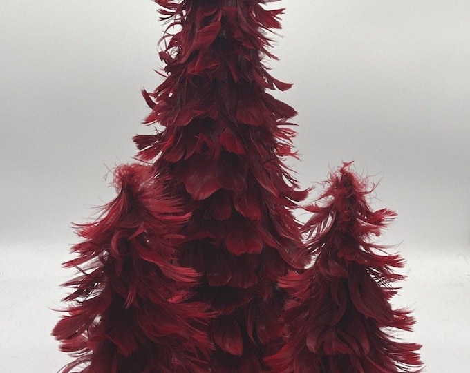 Vintage Red Feather Christmas Tree Set 3 Flocked Base 10 Inch 22 Inch