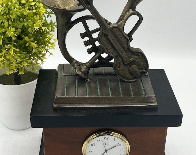 Bey-Berk International Musical Instruments Desk Clock Trumpet Violin Bronze Wood