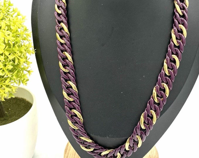 Napier Signed Purple Enamel Gold Tone Curb Chain Necklace Pat 4774749 Vintage