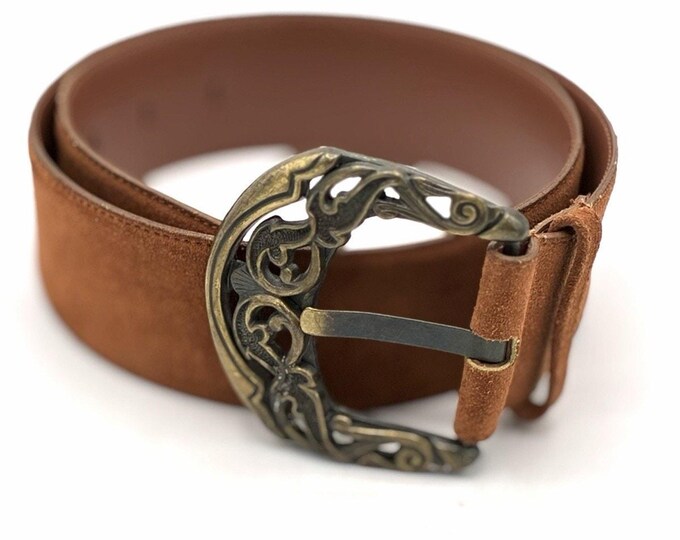 Wide Cognac Suede Belt 30-34 Inch Ornate Antiqued Brass Scroll Buckle Boho Size M/L