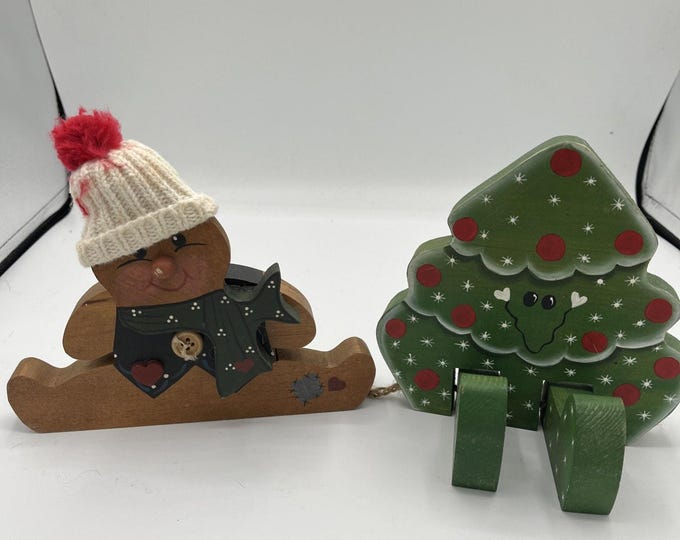 Vintage Wood Gingerbread Figure Christmas Tree Shelf Sitter Set Folk Art Holiday