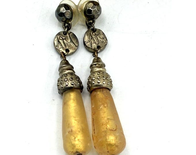 Tribal Resin Amber Earrings • Engraved Coin Disc Drops • Boho Ethnic 2.5” Statement Jewelry