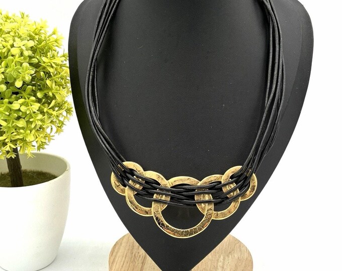 Chico’s Black Multi Cord Gold Tone Crackle Finish Ring Statement Necklace 14” Choker