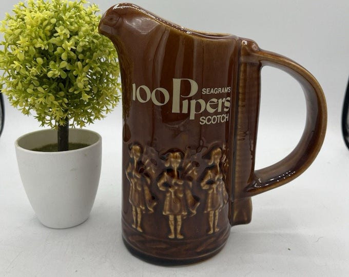 Vintage Seagram’s 100 Pipers Scotch Whisky Ceramic Advertising Bar Pitcher
