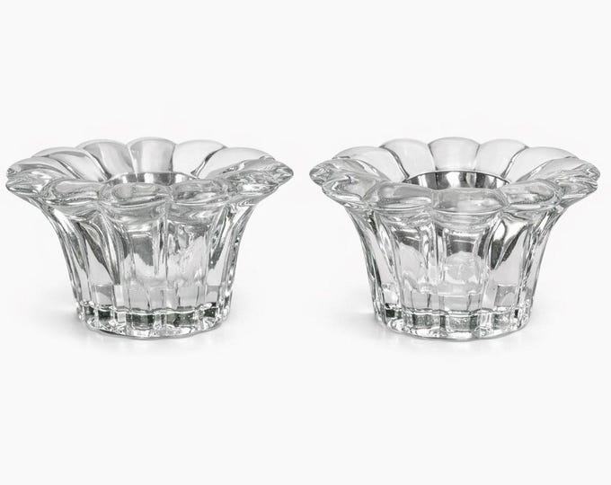 Set of 2 Vtg Heavy Clear Glass Taper Candle Holders Scalloped Petal Edge 2” Pair