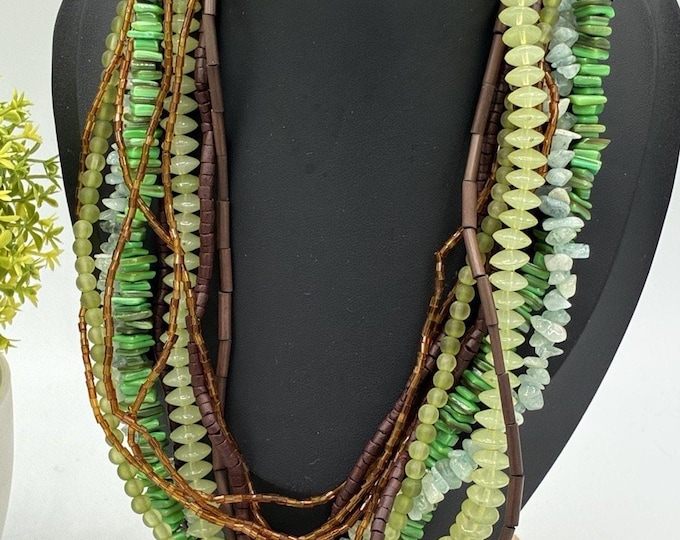 Green Multi Strand Statement Necklace Stone Glass Shell Wood Beads 16” Boho