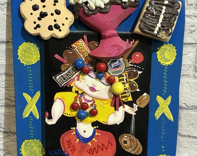 Whittaker Goddess of Chocolate Signed Mixed Media Folk Art Candy Wall Decor