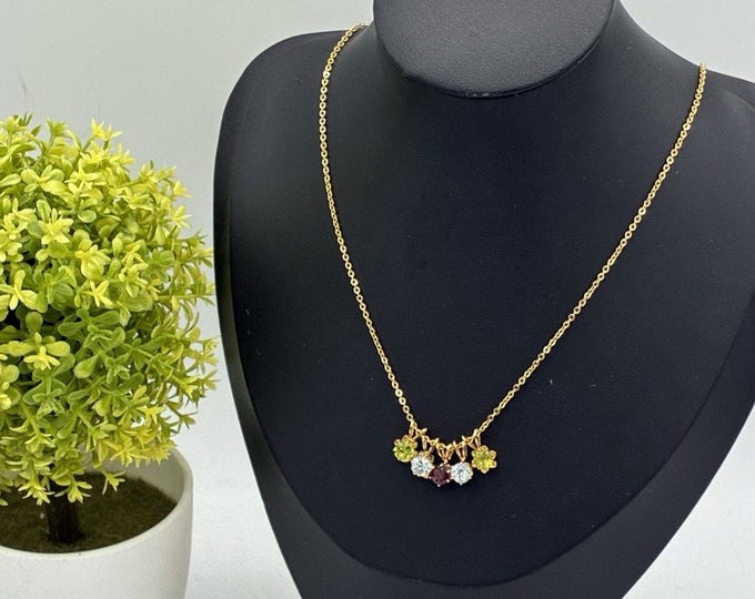 Avon Gold Tone 5 Stone Birthstone Necklace Peridot Aqua Garnet 18 Inch