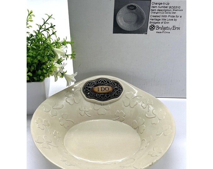 Bridgets of Erin “I Do” Shamrock Dish — Irish Celtic Wedding Ring Holder, Ivory Ceramic