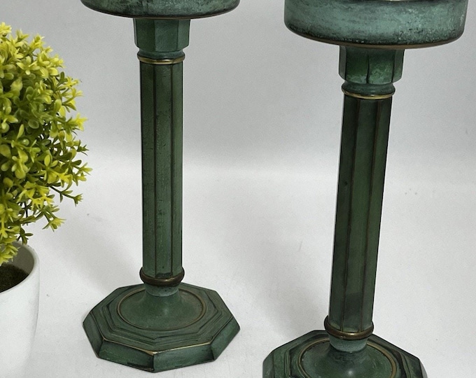 Pr Brass Candlesticks Verdigris Patina Neoclassical Column Vintage Pillar Decor