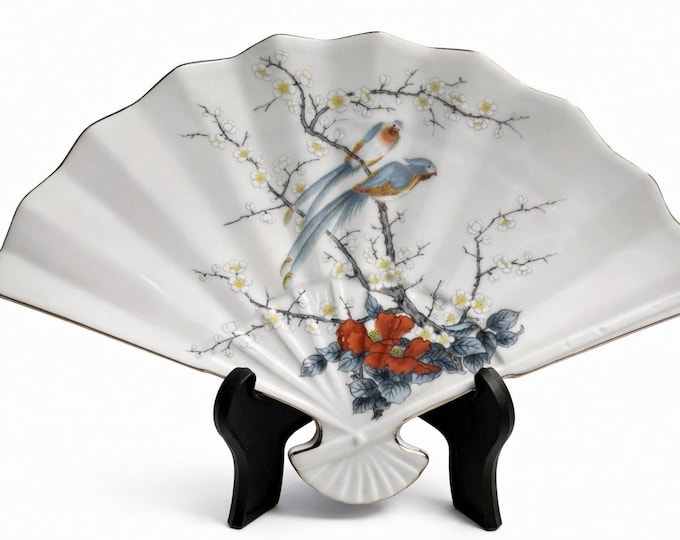 Jay Fine China Japan Fan Shaped Trinket Dish Bluebirds Flowers Gold Trim Vtg