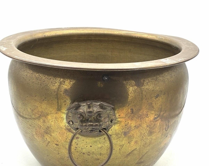 Vintage Brass Jardiniere Planter 11.5” Lion Mask Ring Handles Large Cachepot