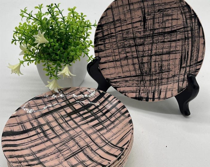 Set Of 7 Vintage Blue Ridge Hand Painted Pink Black Salad Dessert Plates MCM