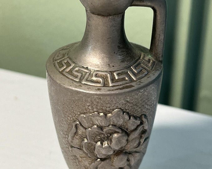 Vintage Pebbled Pewter Silvertone 3D Floral 3” Heavy Mini One Handle Vase Japan