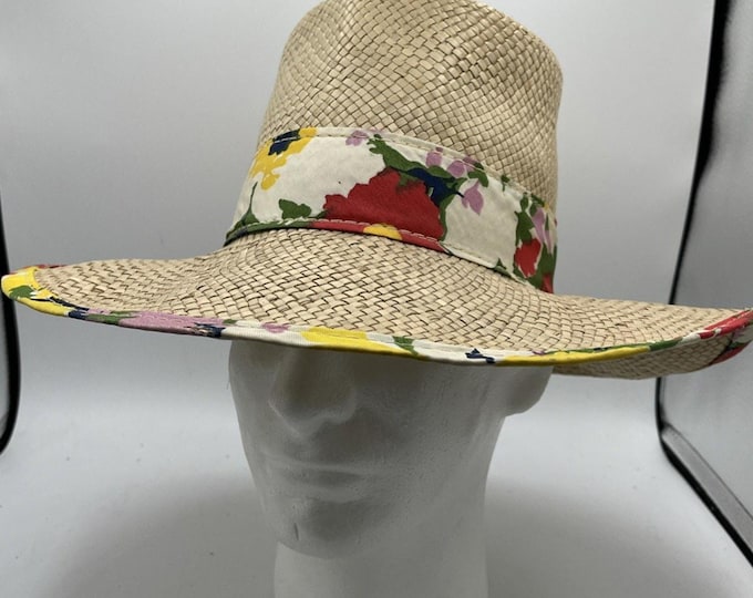 Vtg Women Beige Panama Straw Top Hat Wide Brim with animal print scarf accent