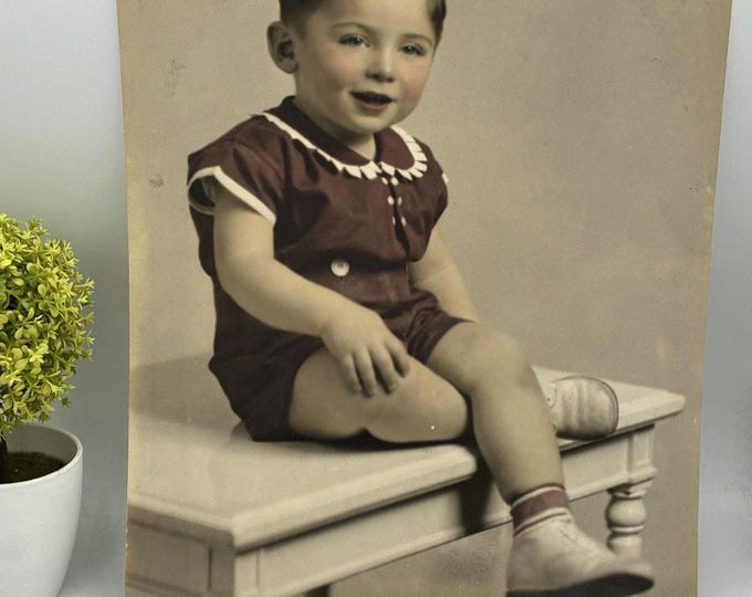 Vintage Hand Tinted Photo Little Boy Studio Portrait 1930s Large 10.5x14