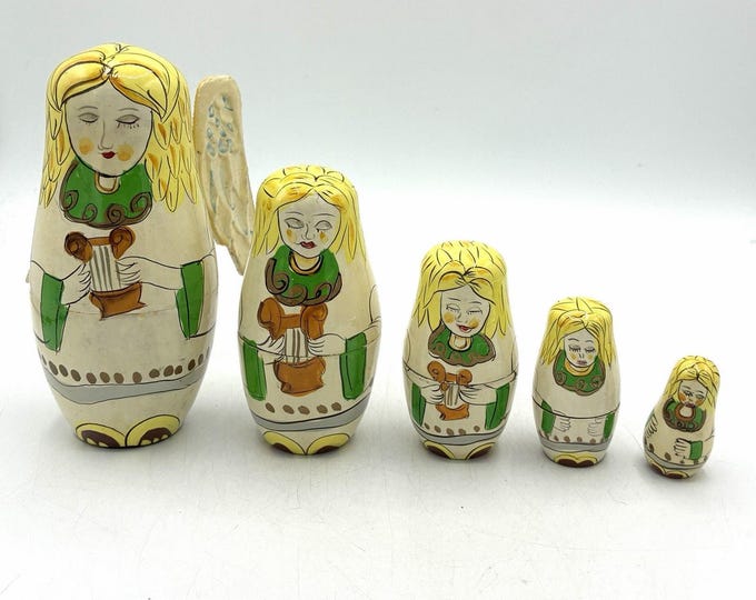 Vintage Angel Nesting Dolls Set of 5 Hand Painted Wood Christmas Angels