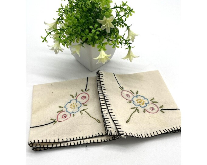 Vintage Hand Embroidered Floral Doily Set 2 Ivory Black Whipstitch Edge 9.5"