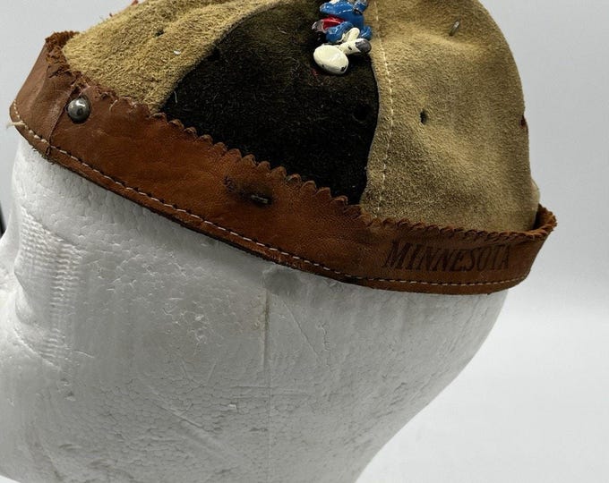 Vintage 1980s Suede Leather Beanie Hat Smurf Metal Pins Roller Skate Super OOAK