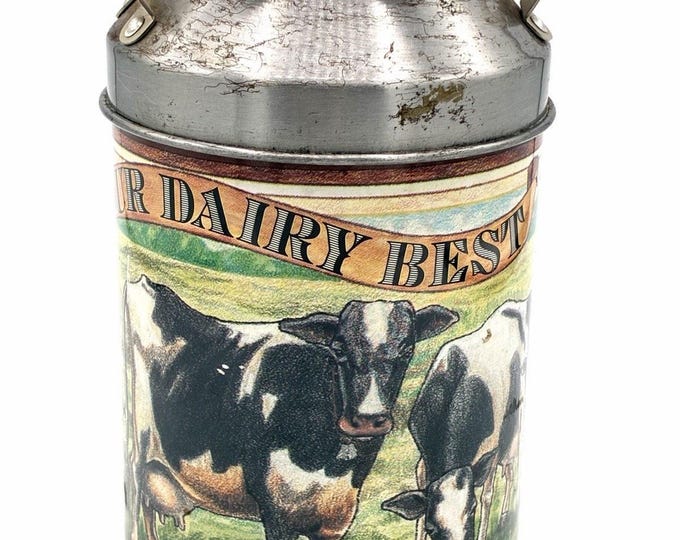 VTG Milk Can Tin Collectible Our Dairy Best Holstein Cow Farmhouse/Rustic