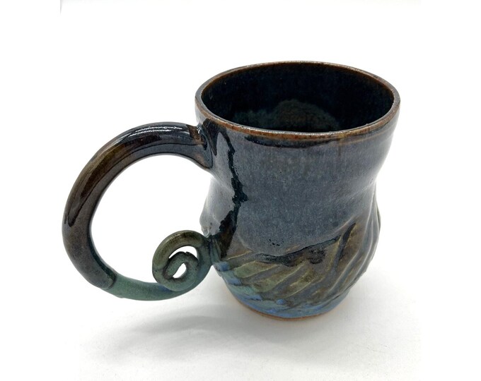 Handmade Artisan Pottery Mug – Swirl Handle Blue Ombré Clay Cup