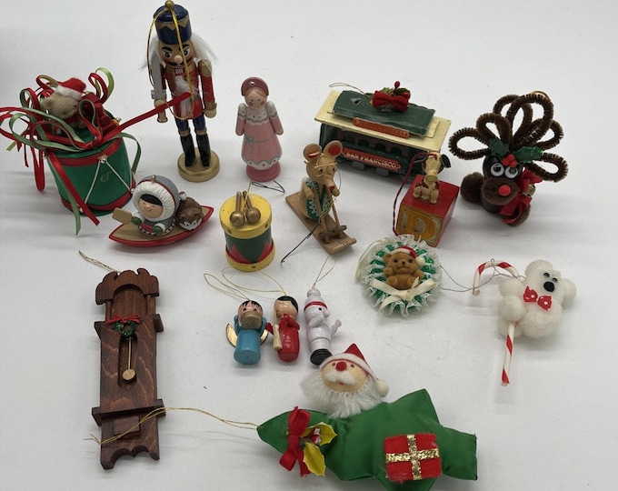 Vintage Lot Of 16 Christmas Ornaments Wooden Flocked Assorted MCM Nutcracker
