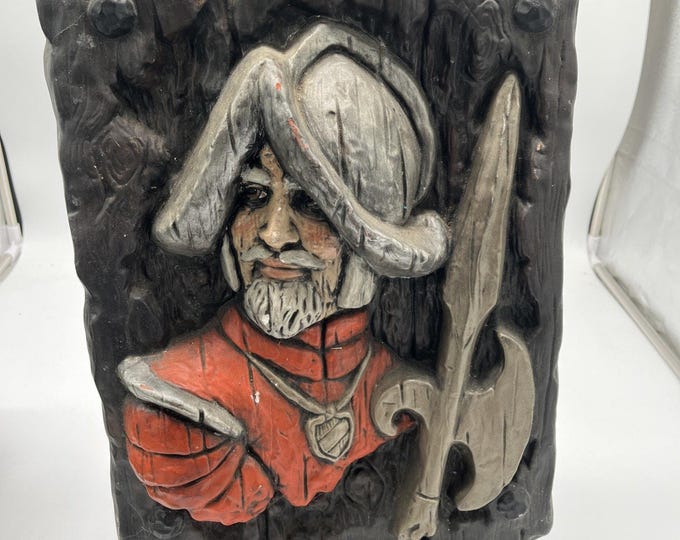 Vintage MCM 3D Chalkware Medieval Knight Wall Plaque 14x11 Hand Painted Relief