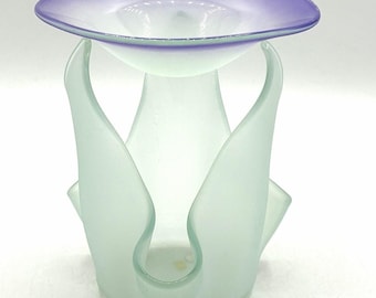 Frosted Art Glass Candle Holder – Sculptural Seafoam Purple Tealight Warmer 5.5 Inch