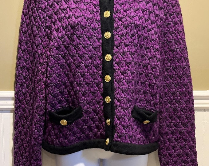 Mondi Vintage Cardigan Sweater Size 38 / M Purple Black 80s Gold Buttons Heavy