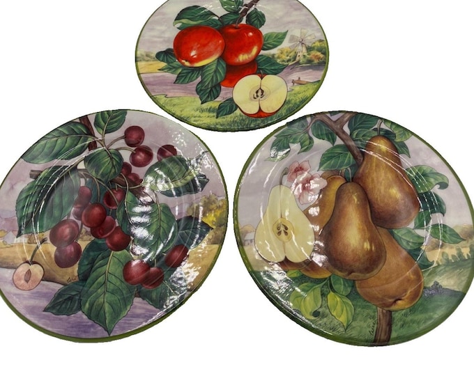 Villa d’Este Italy Fruit Salad Plates – Pear Apple Cherry Set of 3 Vintage 8.5"