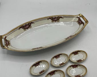 Antike Nippon Handbemalte Celery Tablett Set 5 Salzschüssel Rose Gold 1900er Jahre