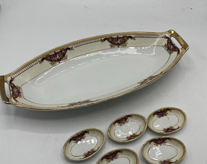 Antique Nippon Hand Painted Celery Tray Set 5 Salt Dishes Rose Gold 1900s