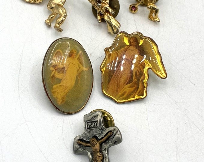 Vintage Angel Cherub Religious Pin Lot 6 Pieces Pewter Crucifix INRI