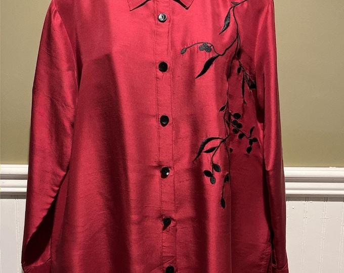 Coldwater Creek Red Silk Blouse M Black Embroidery Button Down Vintage