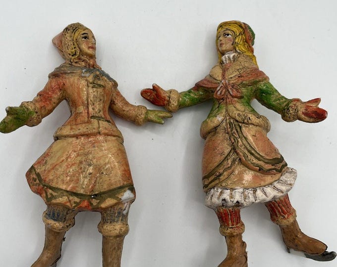Vintage Ice Skater Woman Figure Pair Christmas Holiday Decor Hand Painted 6"