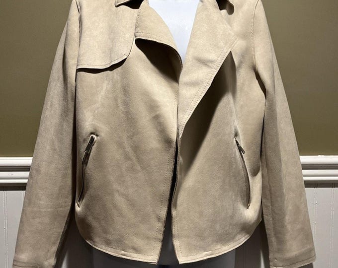 T Tahari Vegan Faux Suede Moto Jacket Beige Bone Open Front Zip Pockets Size M NEW