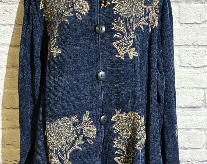 Retro Womens L Blue Chenille Jacket Floral Tapestry Art to Wear Boho Button Top
