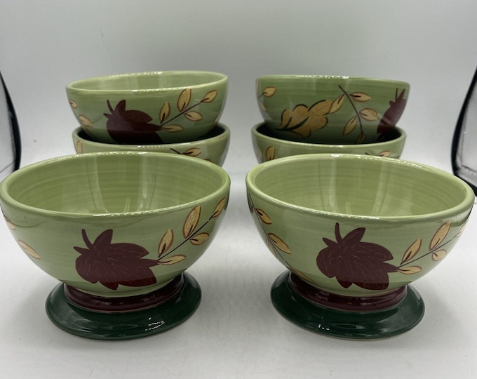 Set Of 6 Corelle Coordinates Stoneware Pedestal Leaf Fall Autumn Theme Bowls EUC