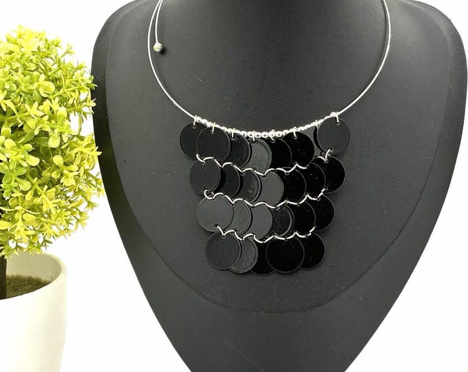 Black Disc Collar Choker Necklace Modern Statement Minimalist Bib