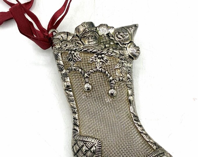 Lenox Silverplate Christmas Stocking Ornament Embossed Toys Holly Repousse