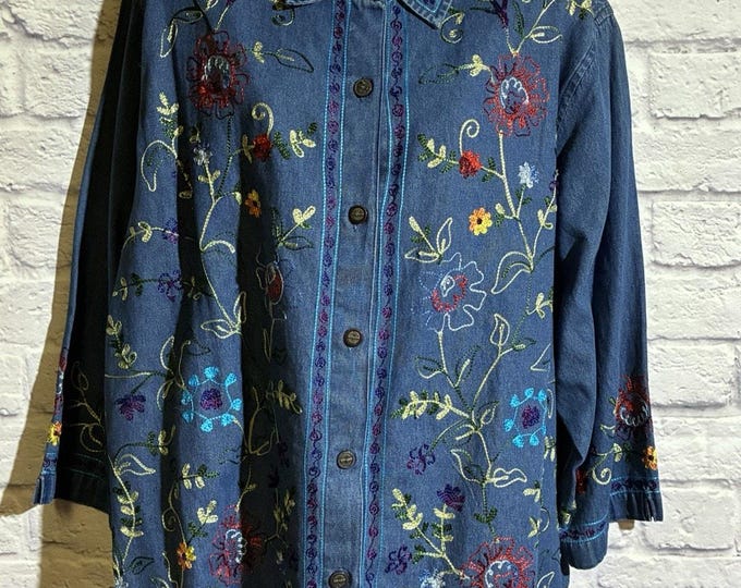 Vintage Dressbarn Embroidered Denim Shirt Jacket Floral Art to Wear Plus 22/24