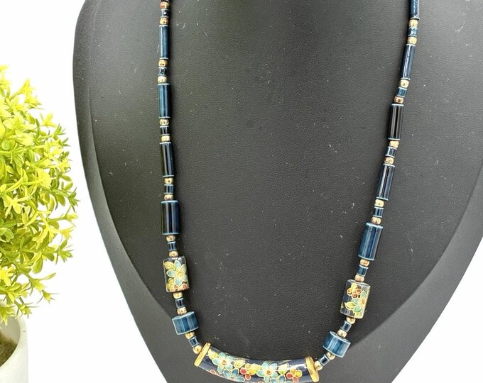 Vintage Blue Floral Tensha Style Bead Necklace 15” Japanese Style Beads