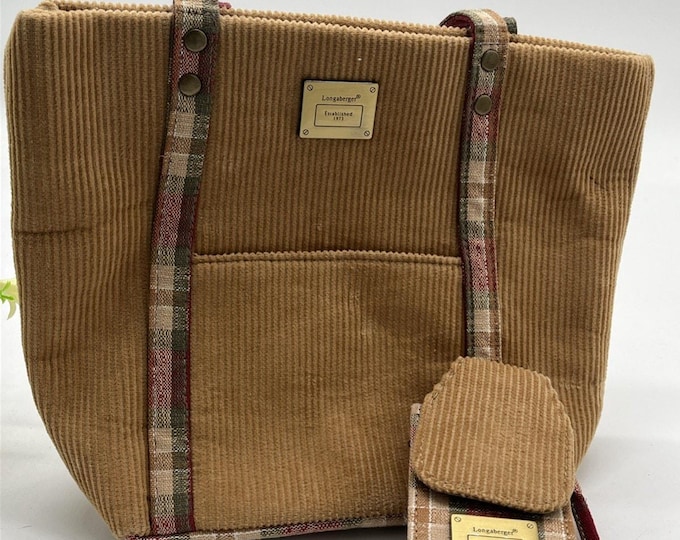 Longaberger Purse Handbag Corduroy Tan Cute Autumn Winter Purse Plaid Accent