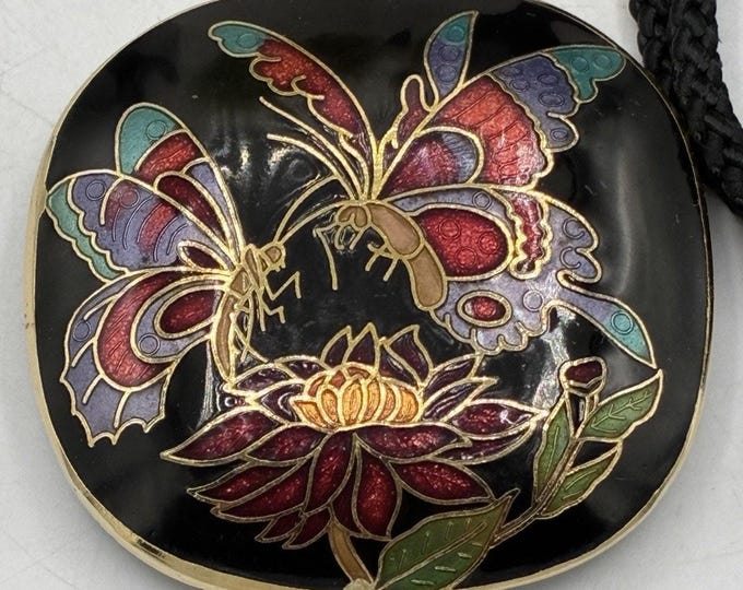 Vintage Cloisonné Lotus Butterfly Pendant – Black Enamel Gold Tone 2”